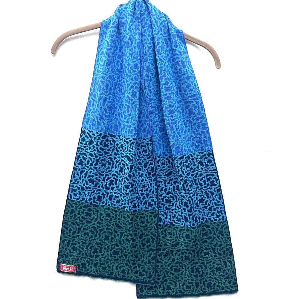 Oleana Norway Knit Scarf Blue Green Geometric Floral Colorblock Wool Silk Luxury